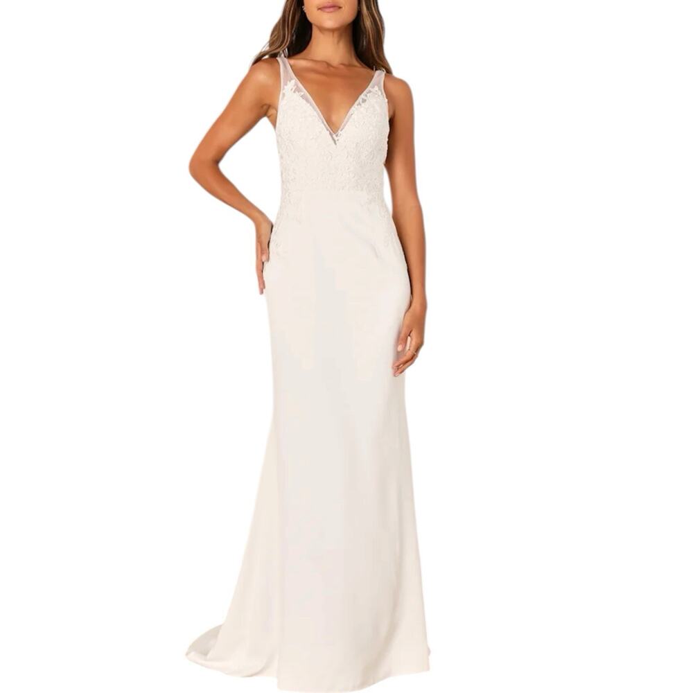 NWT Lulus Precious Promise White Satin Embroidered Lace Mermaid Maxi Dress Sz XS